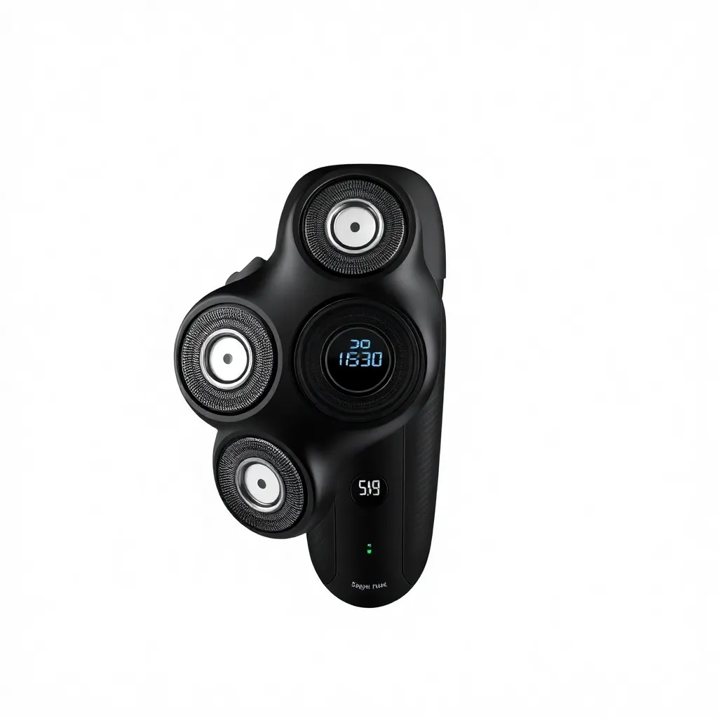 Black electric shaver with three circular blades and digital display