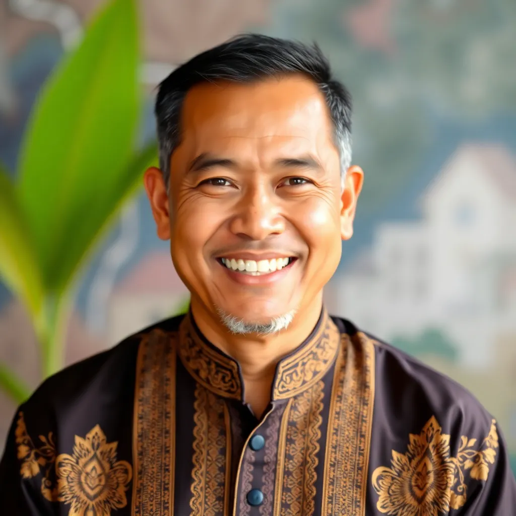 Portrait of Rahman, a Malay man smiling wearing traditional Malay clothes