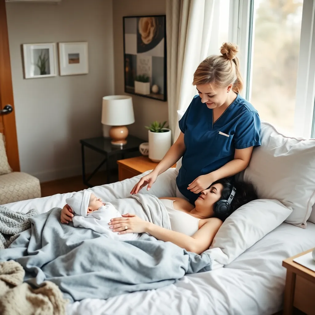 New mother receiving care at home, a postpartum mother resting comfortably while a caregiver offers support in a cozy bedroom