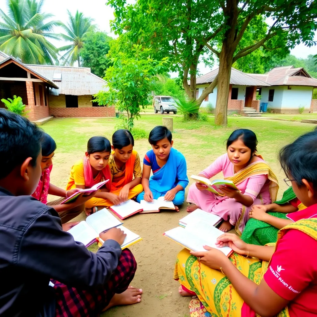 A group of rural students in Odisha sitting together outdoors, learning with books and tablets, surrounded by greenery and traditional houses