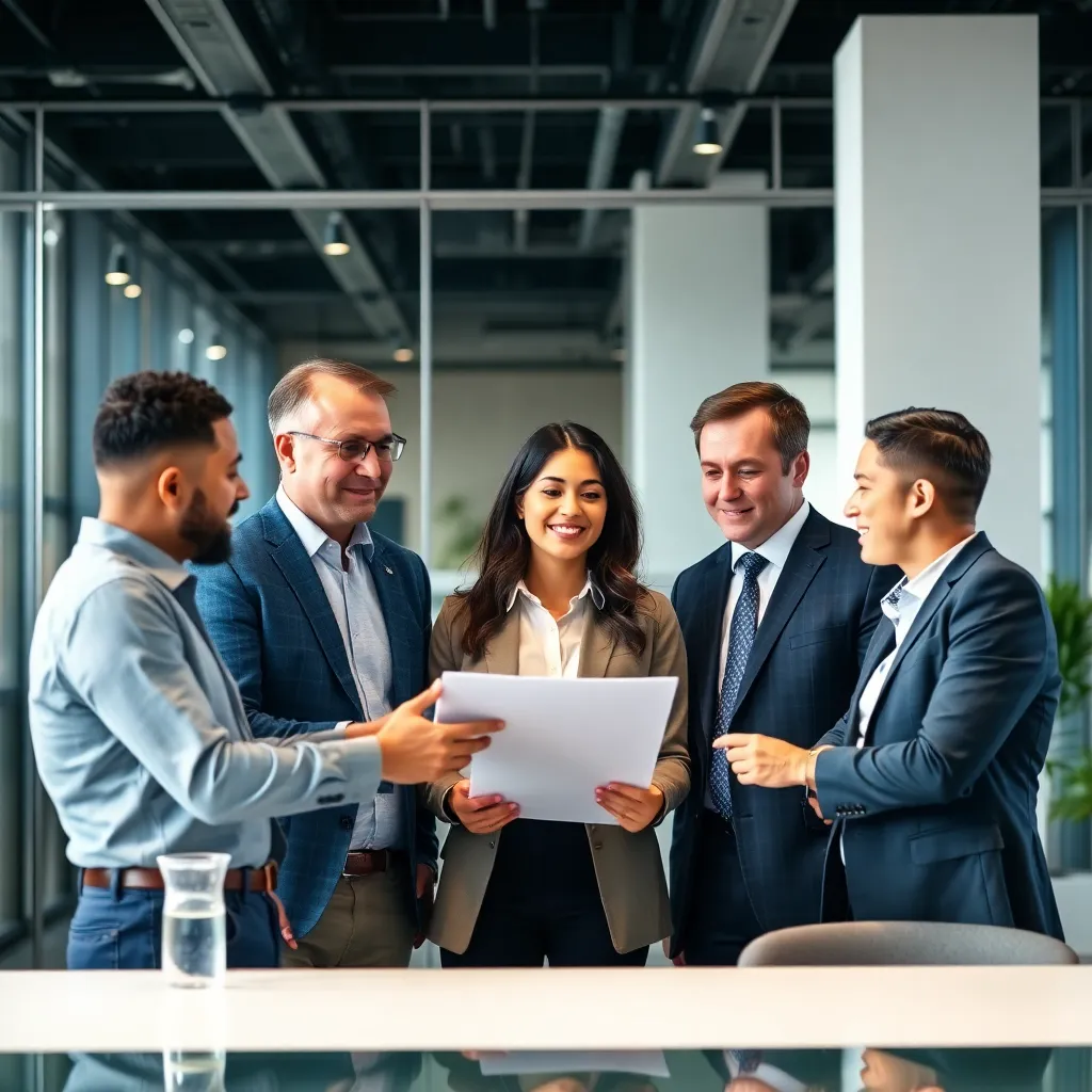 Business team discussing in modern office, diverse group of professionals collaborating