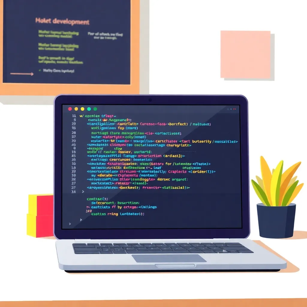 Cartoon style web development course showing colorful code blocks and laptop