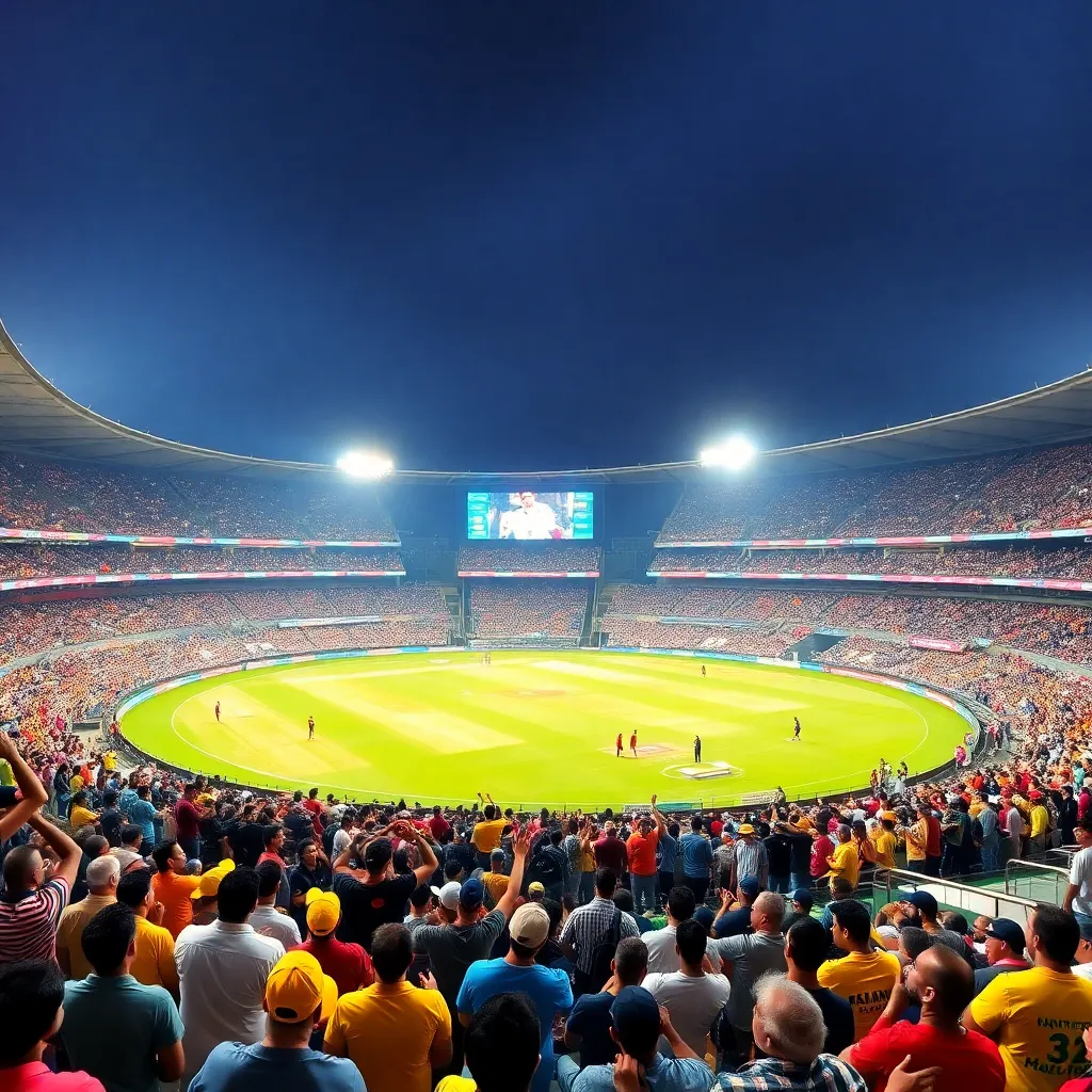 A vibrant cricket stadium filled with cheering fans during the IPL 2025 match between Chennai Super Kings and Sunrisers Hyderabad, with players on the field and bright floodlights illuminating the evening game
