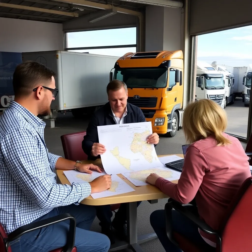 Equipo de transporte y logística de Nuevo Sur trabajando en una oficina con mapas de Argentina y camiones al fondo