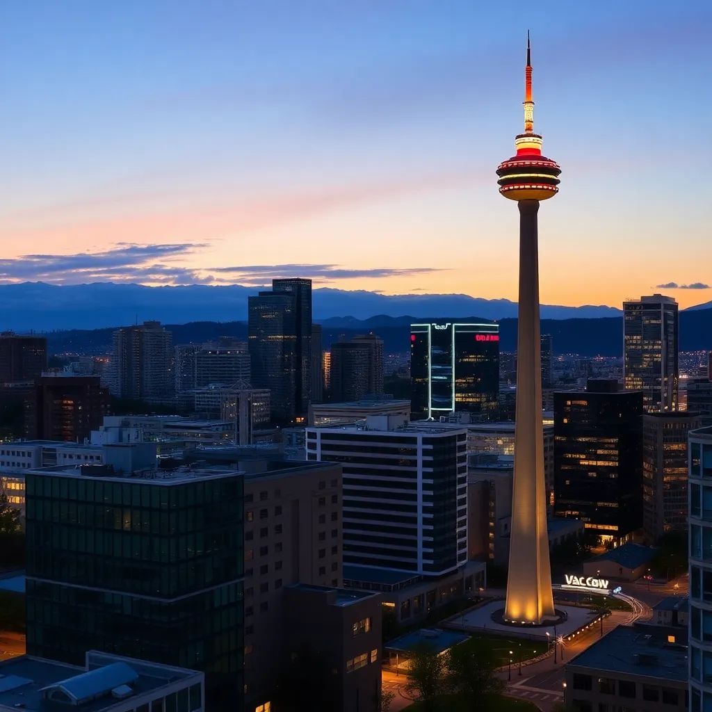 City buildings and Calgary Tower in Calgary at sunset