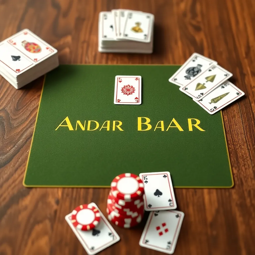 Andar Bahar card game interface with cards laid out on a wooden table and animated chips