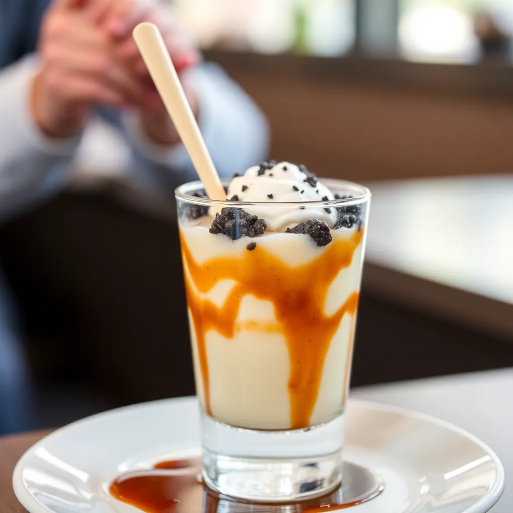 Glass of Es Doger dessert with coconut, black sticky rice, and syrup