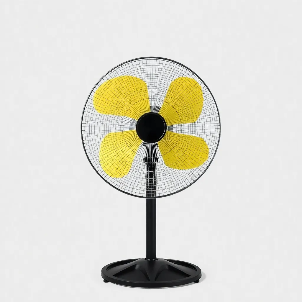 Front view of a standing fan with black base and yellow blades