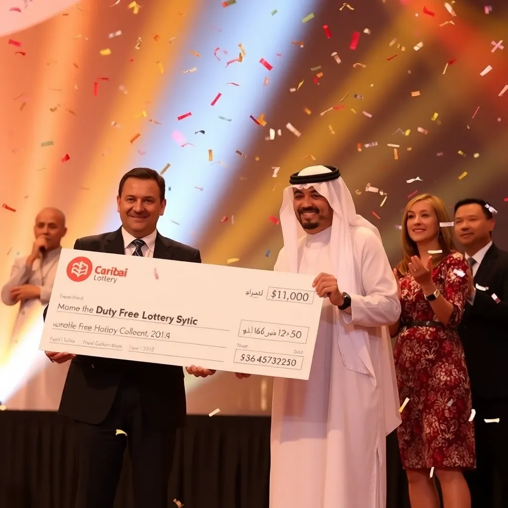 Happy winner receiving a prize from Dubai Duty Free Lottery official on stage with confetti