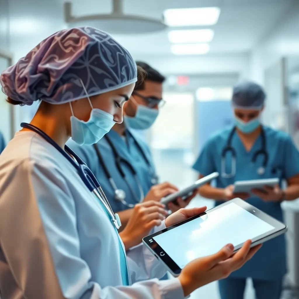 Healthcare industry showing medical professionals using digital tablets in a hospital environment