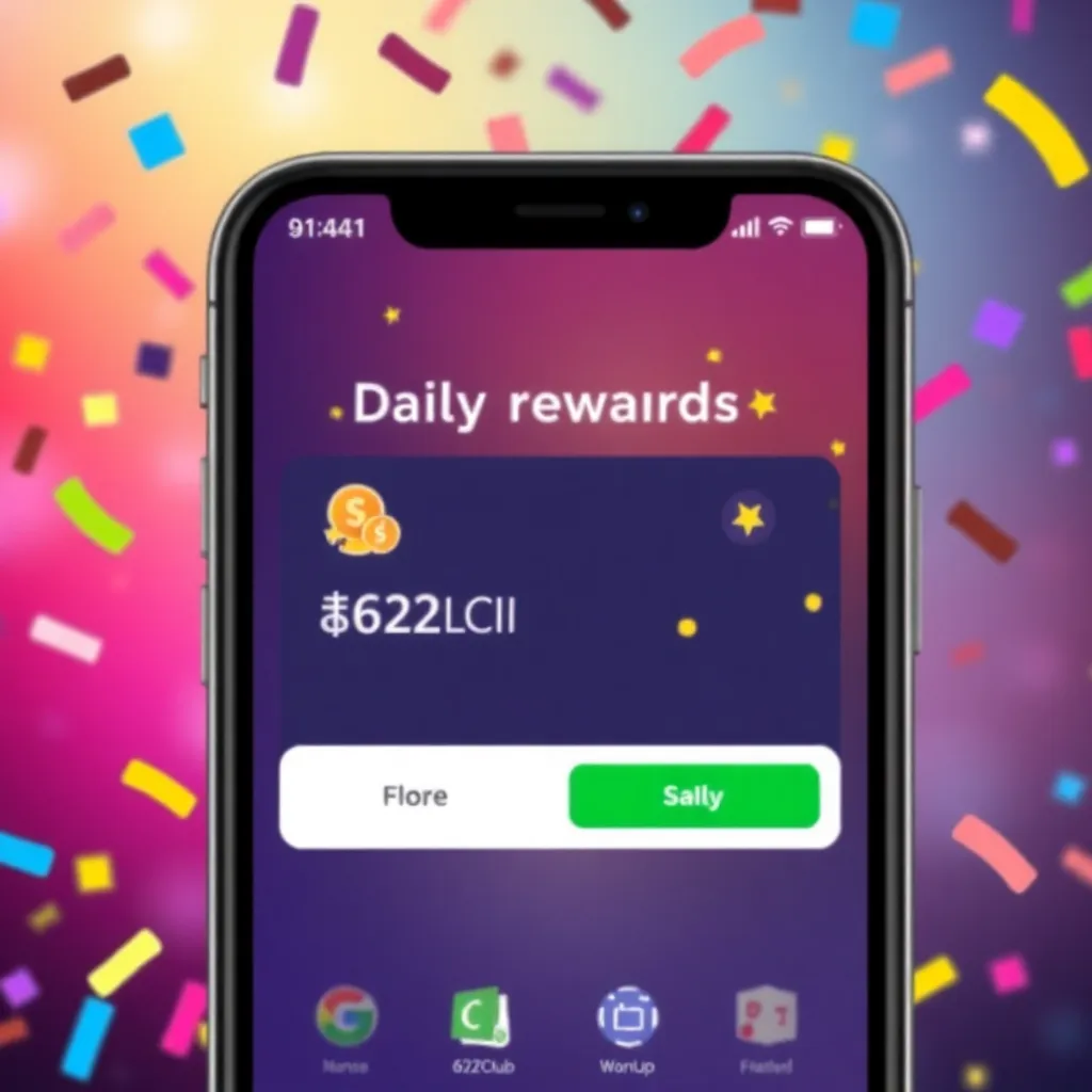Mobile phone screen showing daily rewards notification from 62Club with colorful icons and confetti