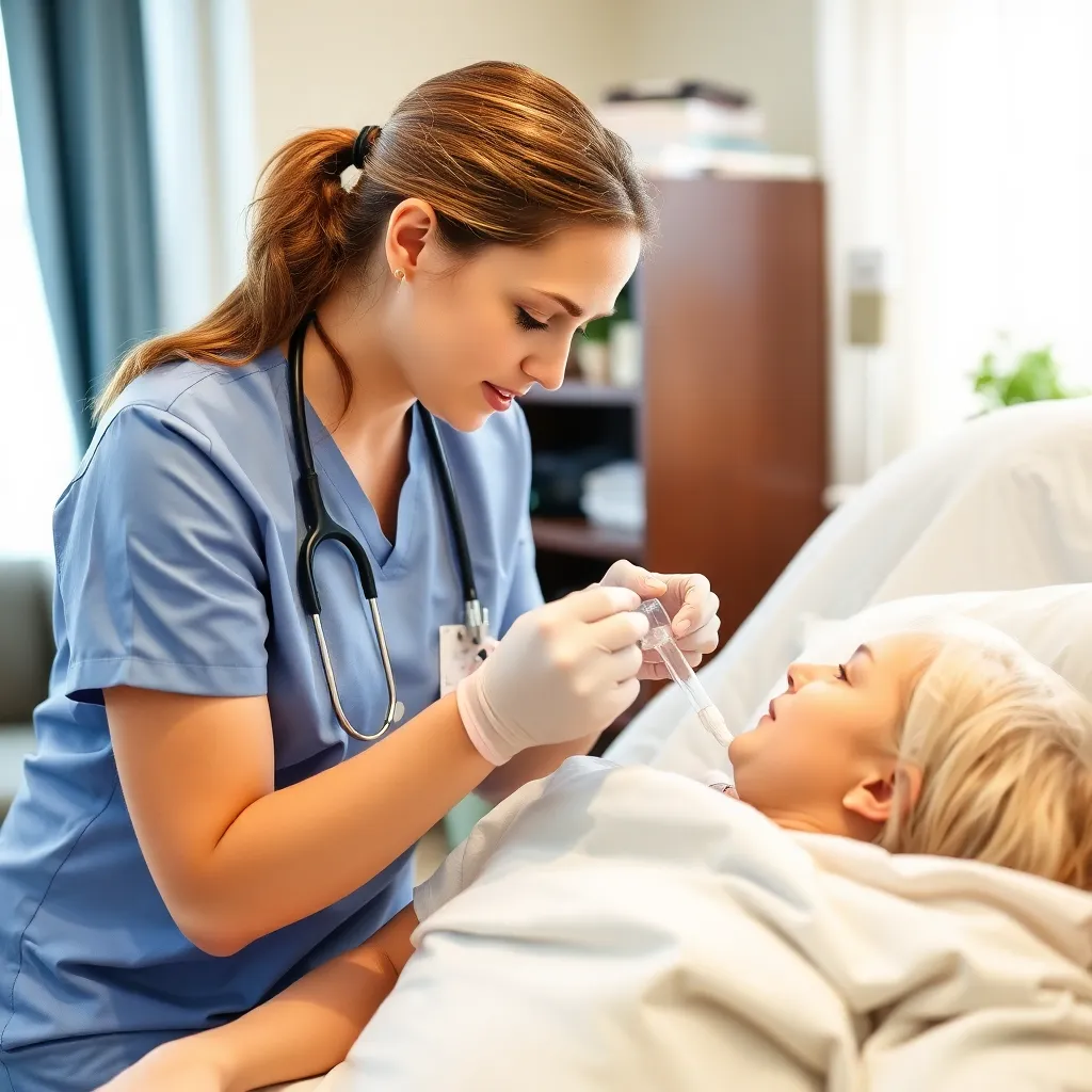 Home nurse managing tracheostomy care, a nurse carefully attending to a patient’s tracheostomy tube in a clean home environment