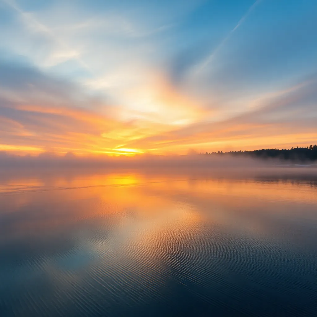A high-resolution photo of a serene lake at sunrise with mist rising and colorful sky reflecting on the water