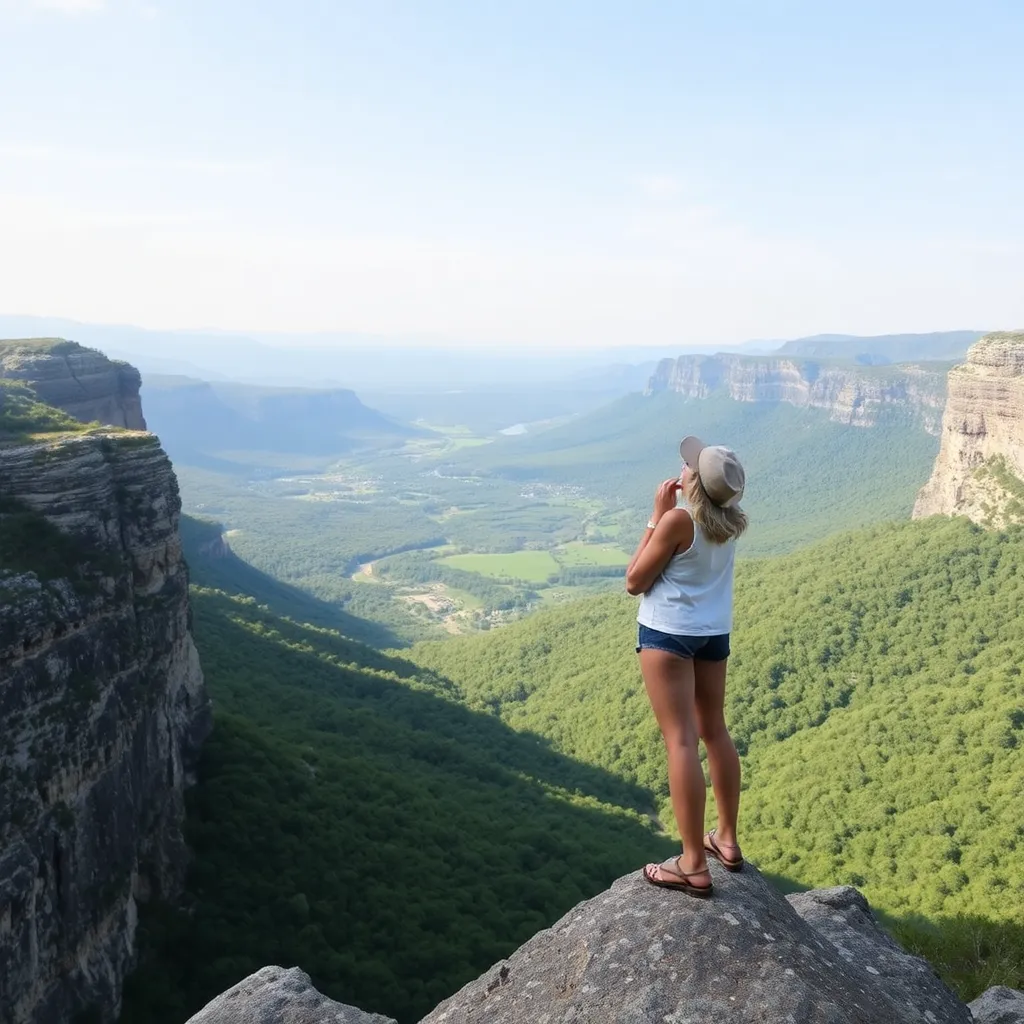 Woman standing on rock overlooking green valley
