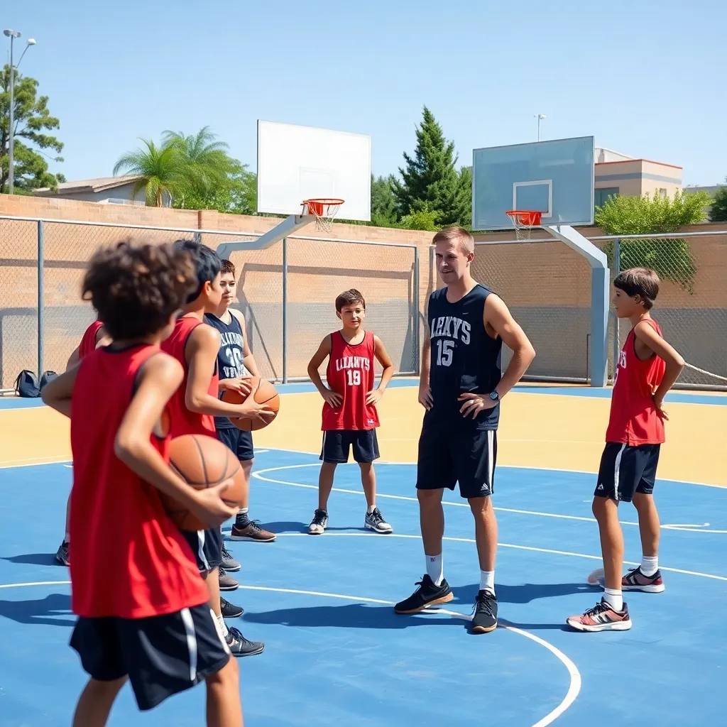 Young basketball players training intensely on an outdoor court with a coach giving instructions during summer camp