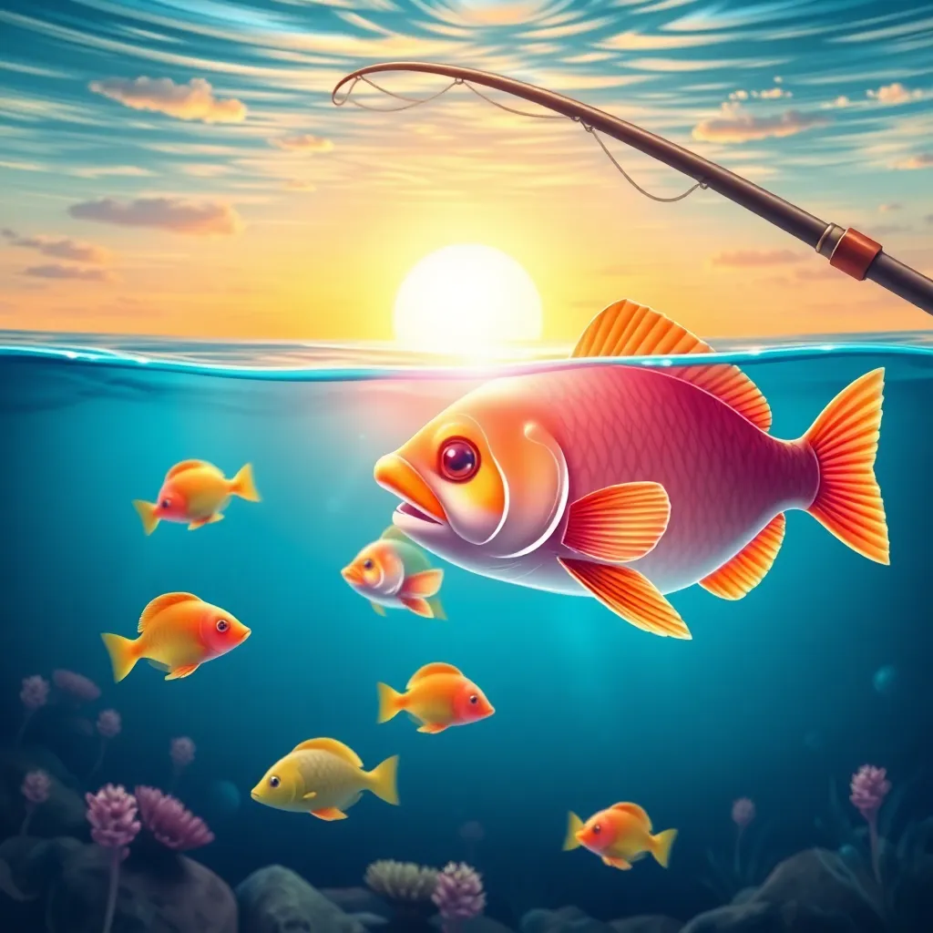Peaceful fishing game scene with colorful fish swimming underwater and fishing rod casting line