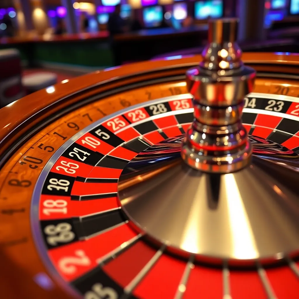 Roulette wheel spinning with red and black numbered slots in a casino setting