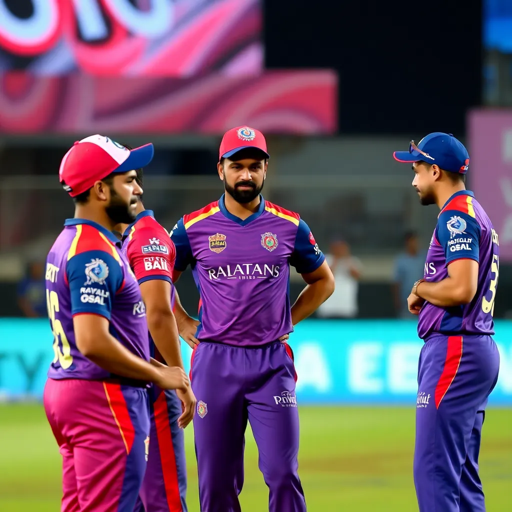 Rajasthan Royals cricket team players and coach discussing strategy and game plan during IPL match break