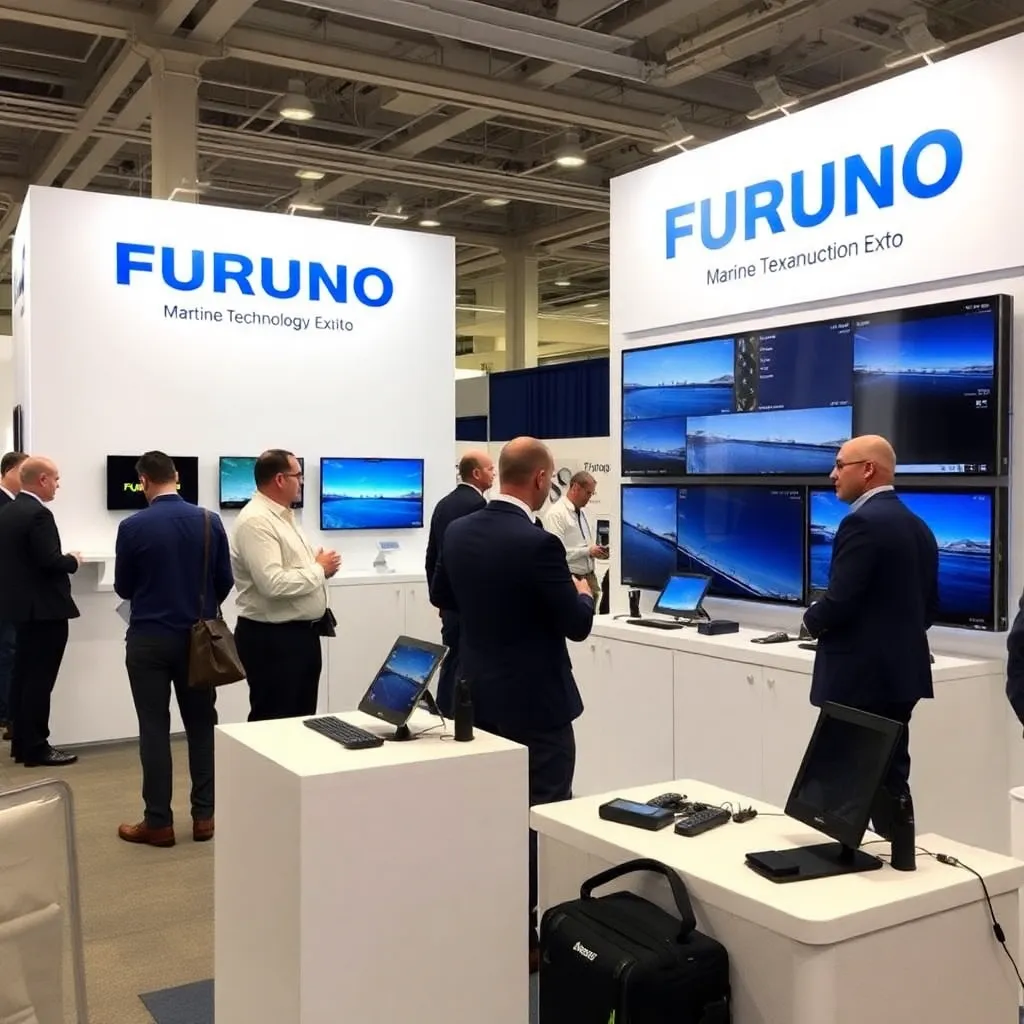 Furuno exhibition booth at Marine Technology Expo with visitors and product demos