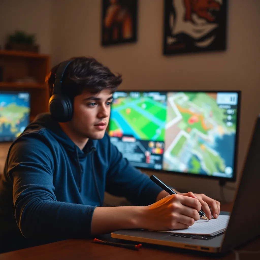 Gamer taking notes while playing online demo games on laptop, focused and organized