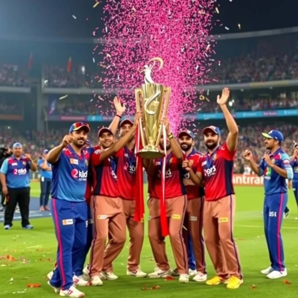 Cricket players celebrating with the IPL trophy on the field with confetti and fans cheering in the background