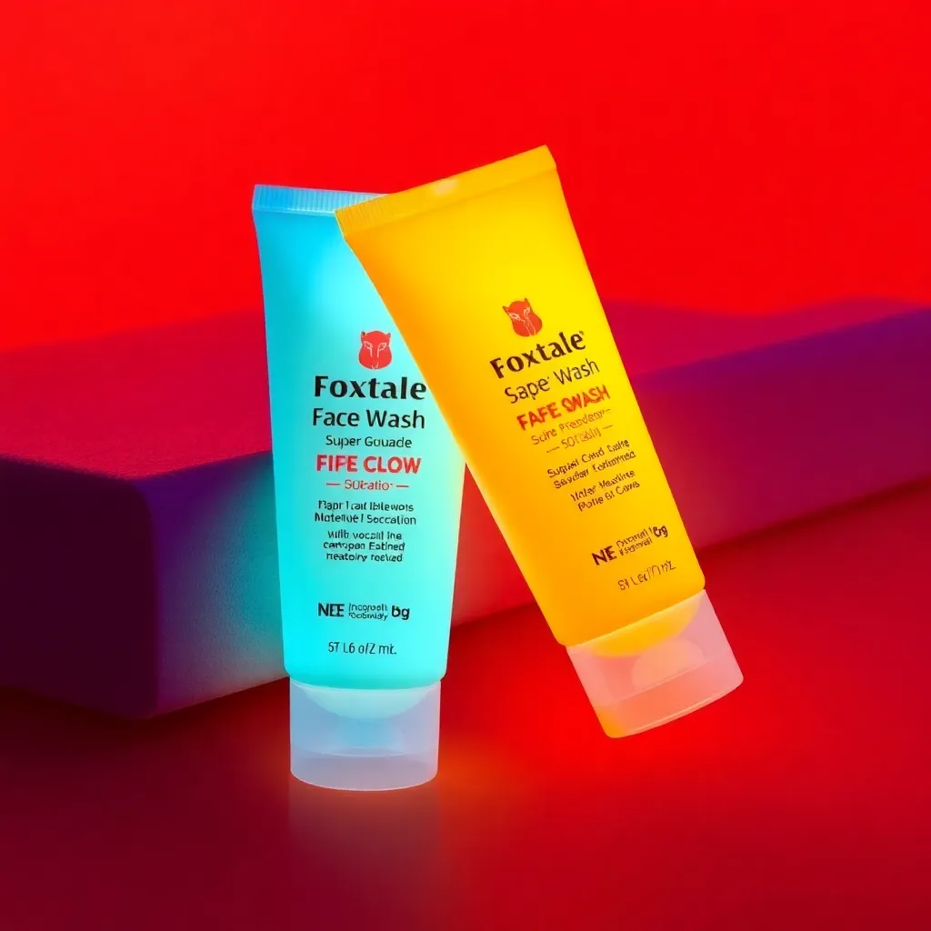 Two Foxtale Super Glow Face Wash tubes with glow effect on a bright orange background