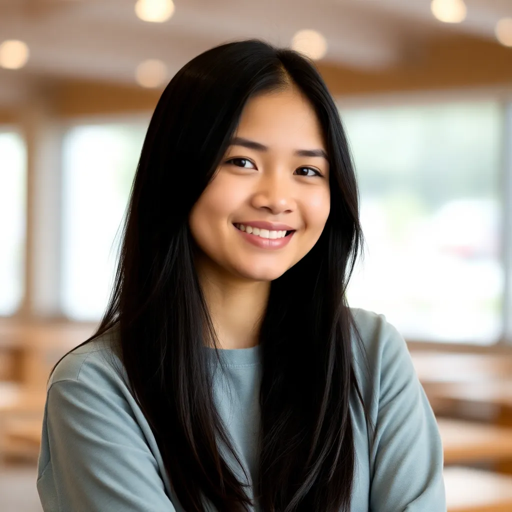 Portrait photo of Indah Pertiwi, a smiling young woman with long black hair wearing casual clothes