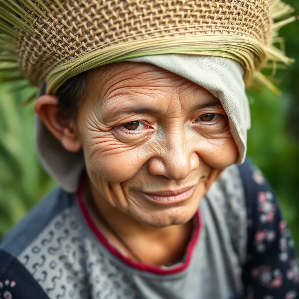 Foto close-up petani pria paruh baya tersenyum dengan latar belakang ladang hijau