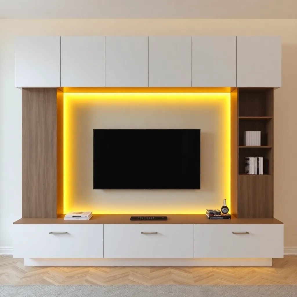 Image showing TV Unit Design Ideas with a TV and yellow backlight