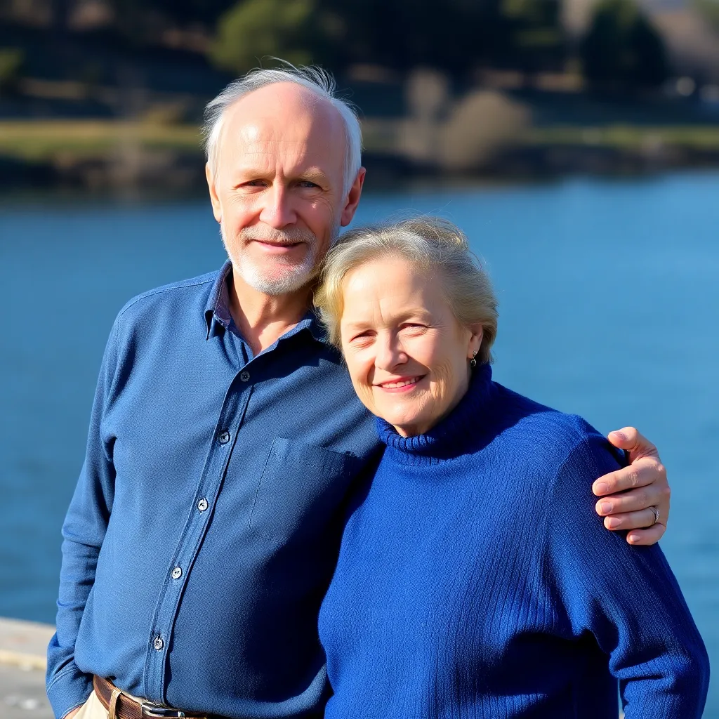 Older couple standing outdoors by water, man in blue shirt and woman in blue sweater