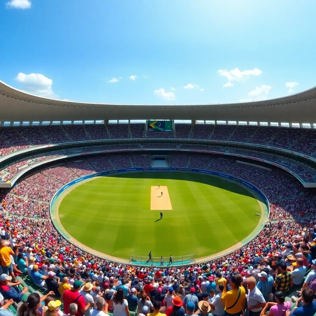 Panoramic view of R. Premadasa Stadium in Colombo filled with enthusiastic crowd watching South Africa Women vs Sri Lanka Women cricket match under bright daylight with players on the field