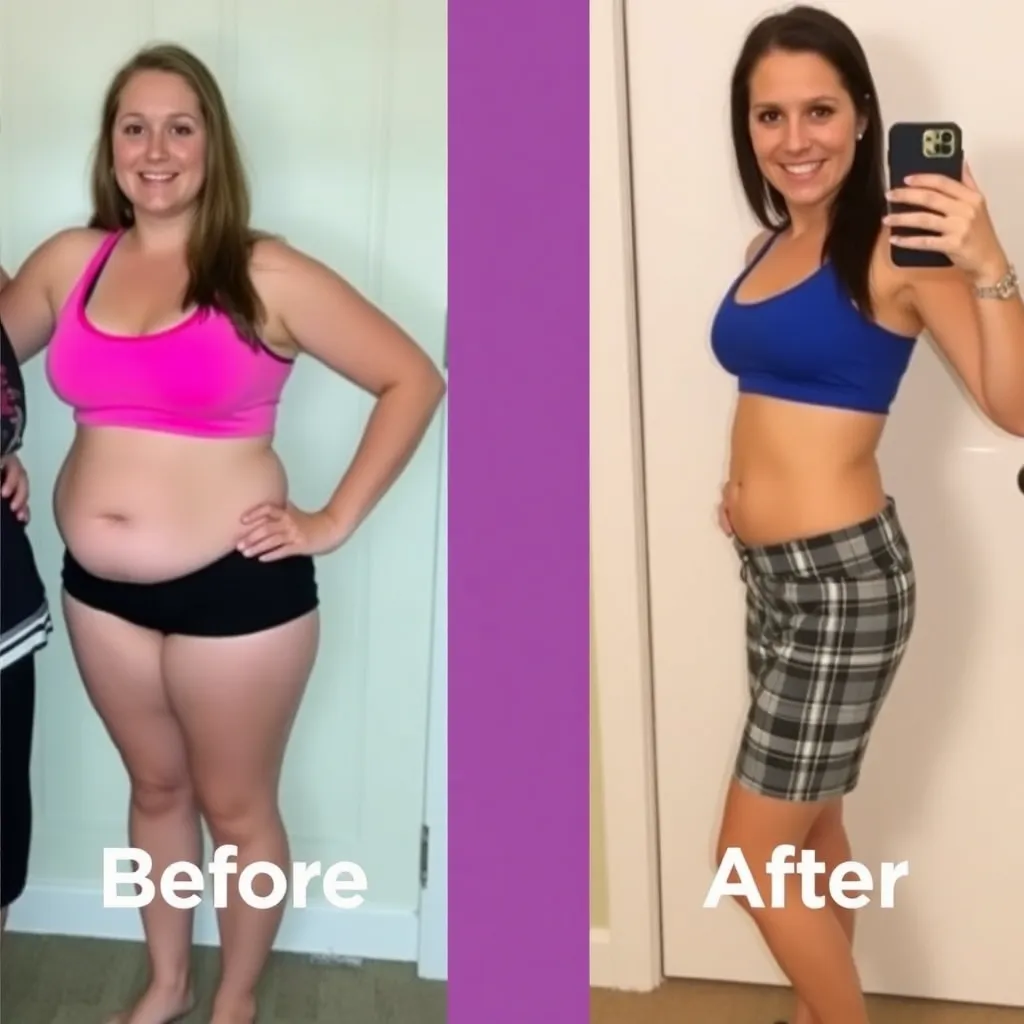 Before and after photos of Danielle showing weight loss from Smoothie Diet, before photo on left with pink sports bra and black underwear, after photo on right with blue sports bra and plaid shorts