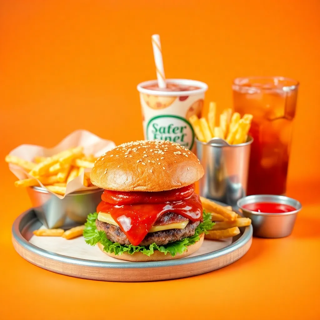 Super set burger meal with burger, fries, drink and sauces on orange background