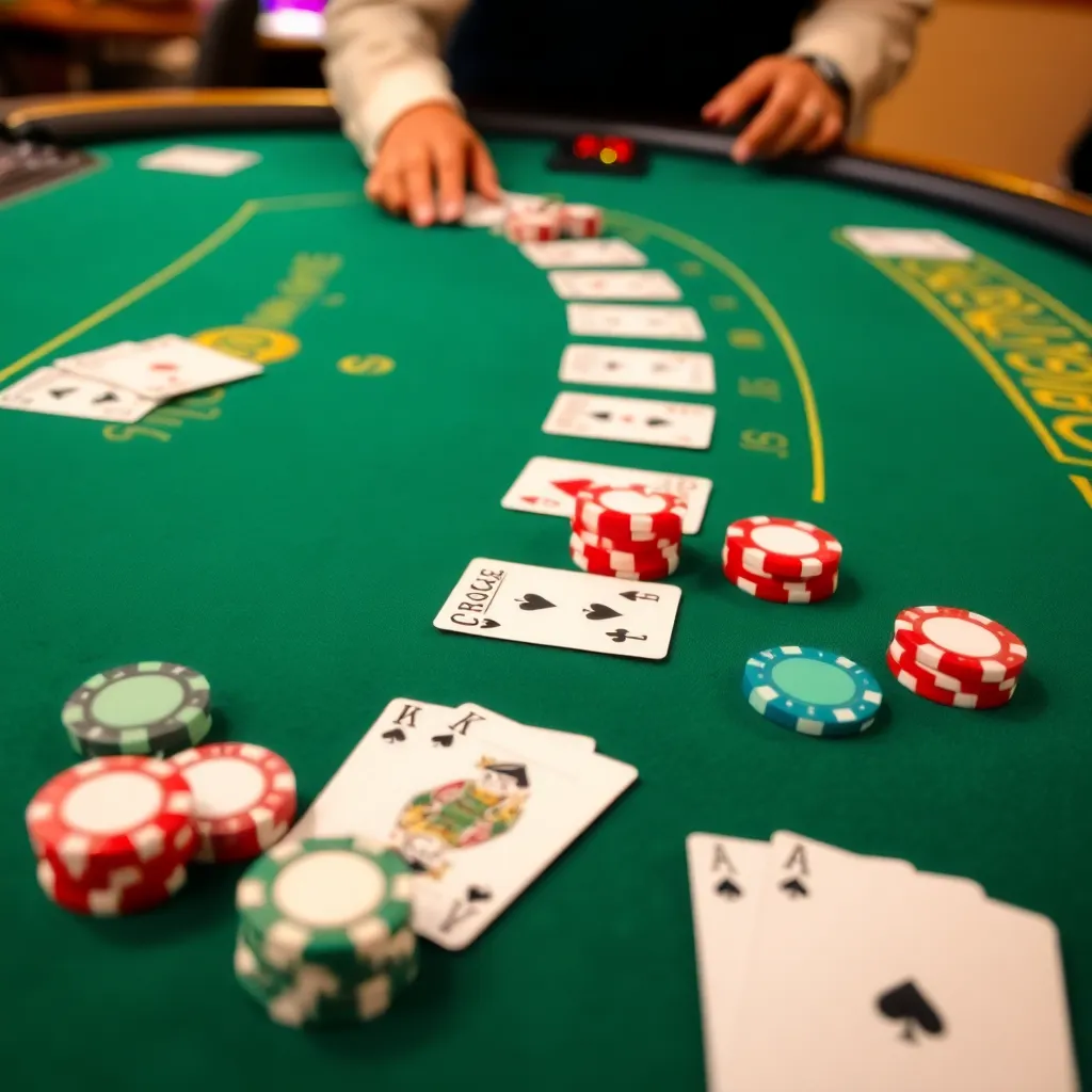 Casino blackjack table with green felt, cards, and poker chips arranged for a game