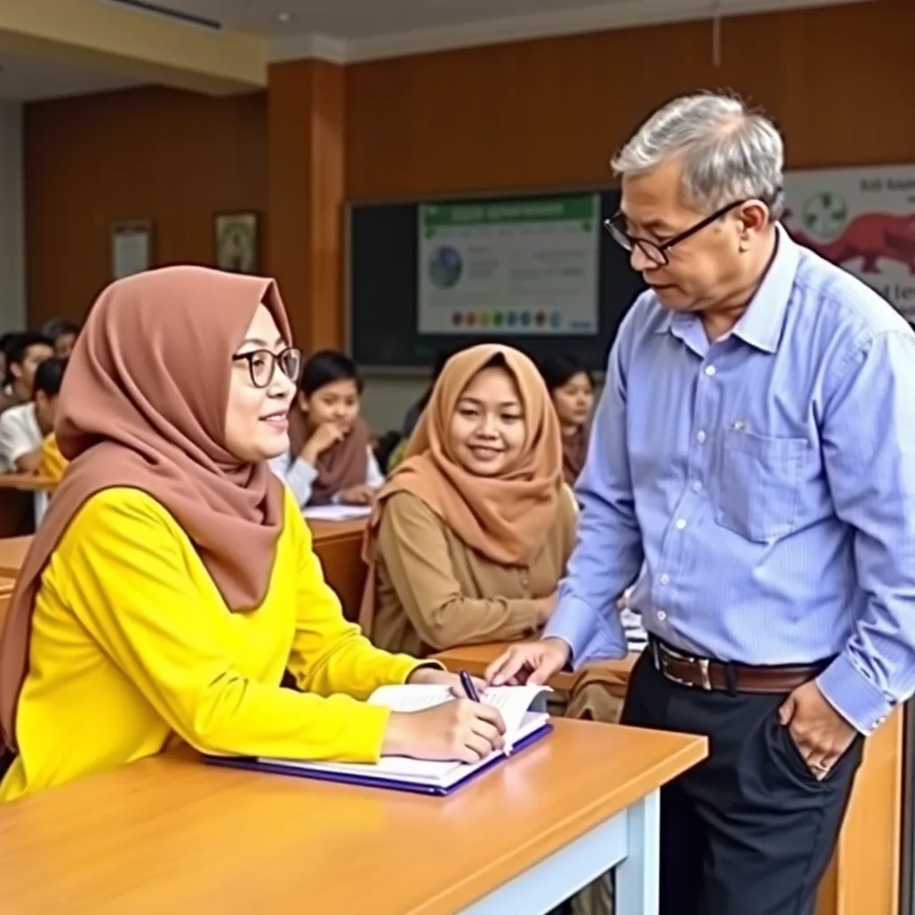 Kelas bahasa Inggris dengan siswa berlatih berbicara dan guru membimbing