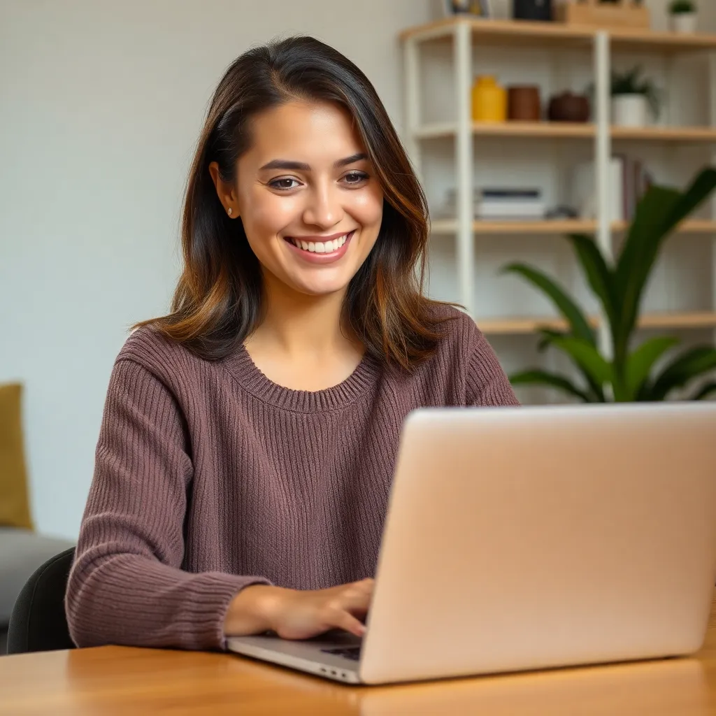 Smiling woman working on laptop