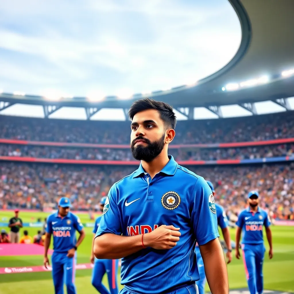 Virat Kohli leading India cricket team on field during ICC T20 World Cup 2025, wearing captain's armband, stadium filled with fans