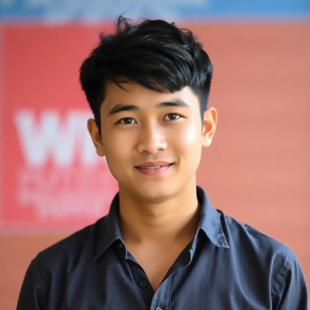 Portrait photo of Alfian Wijaya, a young man with short black hair wearing a casual shirt
