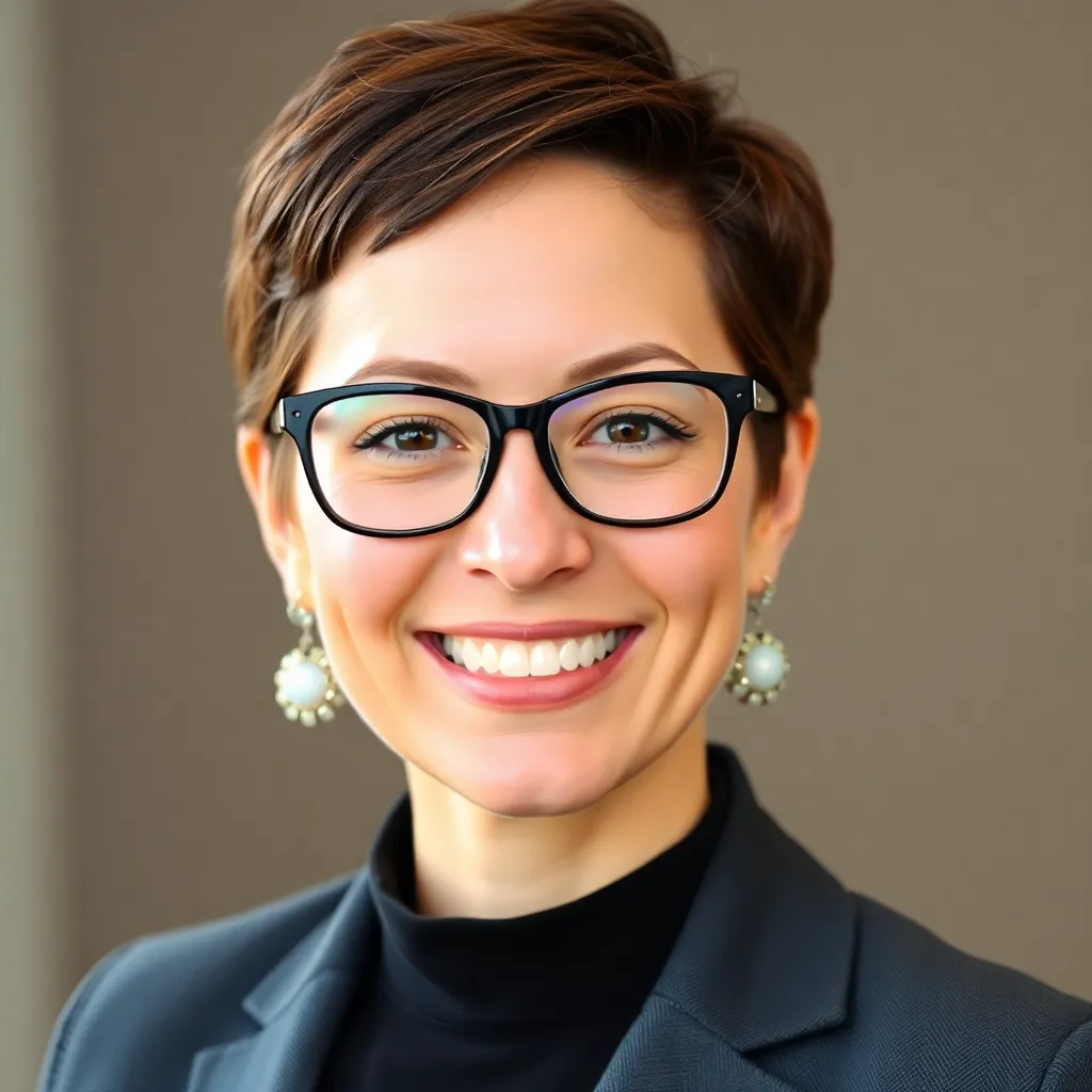 Portrait of a smiling businesswoman with short hair and glasses
