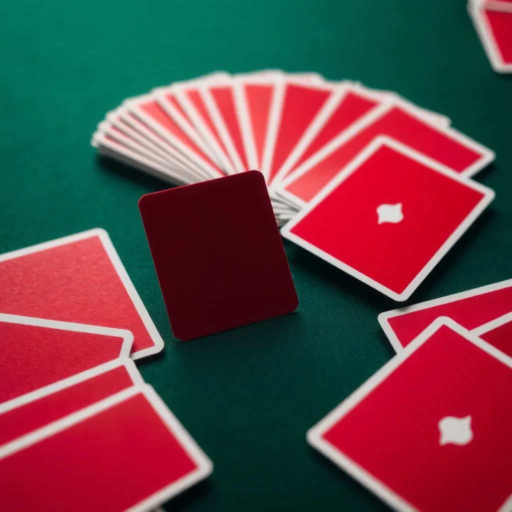 Red playing cards fanned out on a table