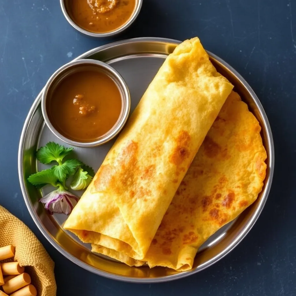 Golden crispy masala dosa served with coconut chutney and sambar in small bowls