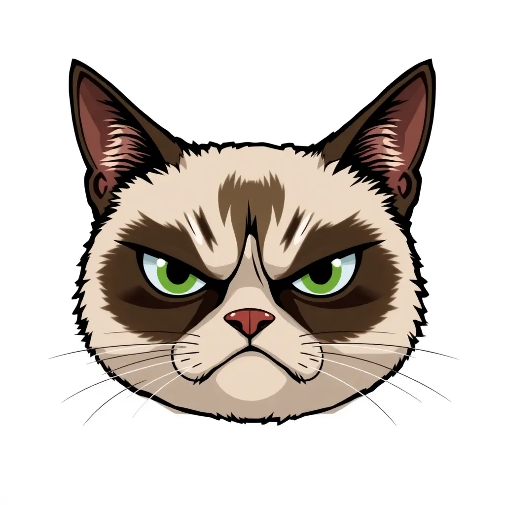 Grumpy cat meme character with a frowning face and furrowed brows