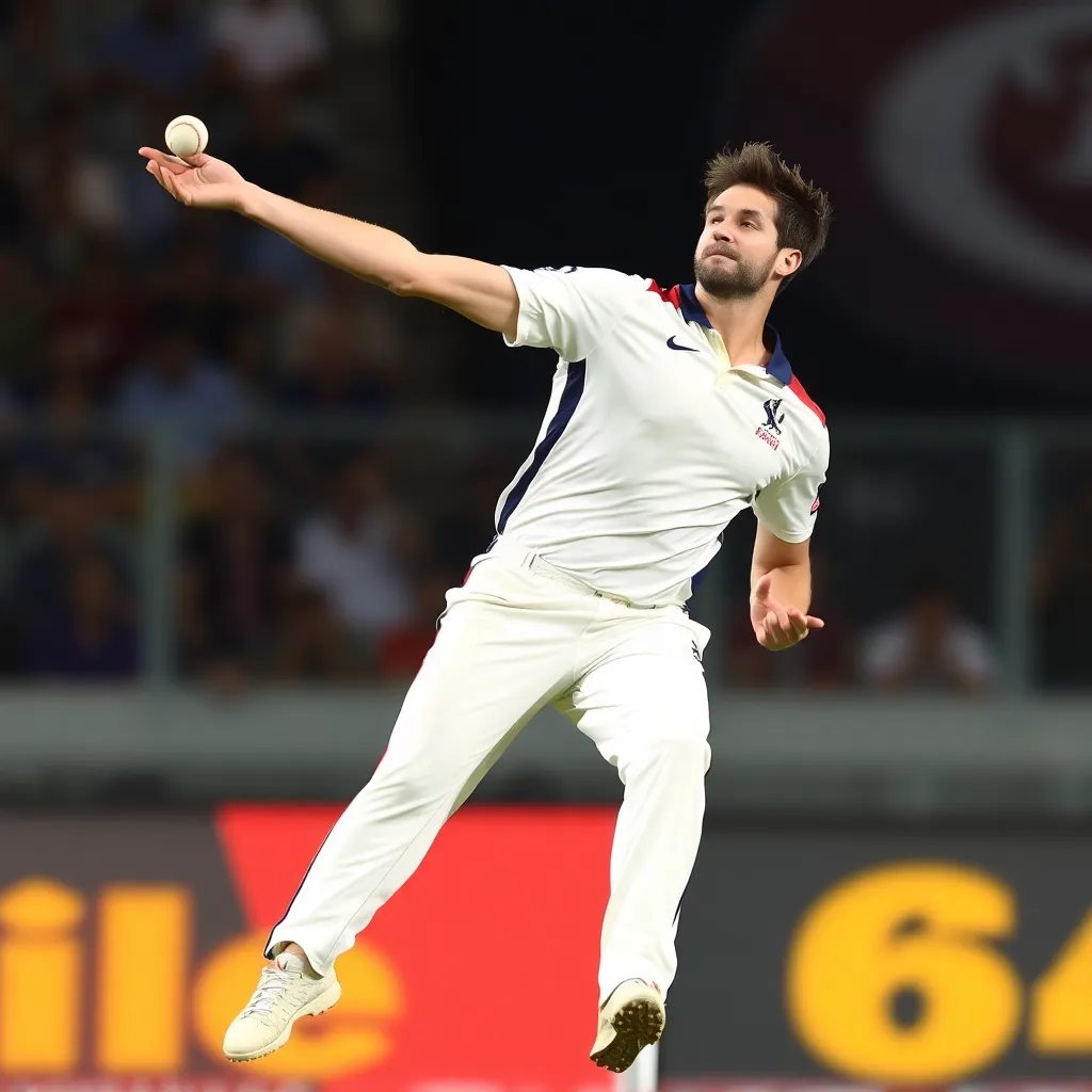Trent Boult bowling a fast delivery during IPL 2025 Eliminator match, showcasing swing bowling technique