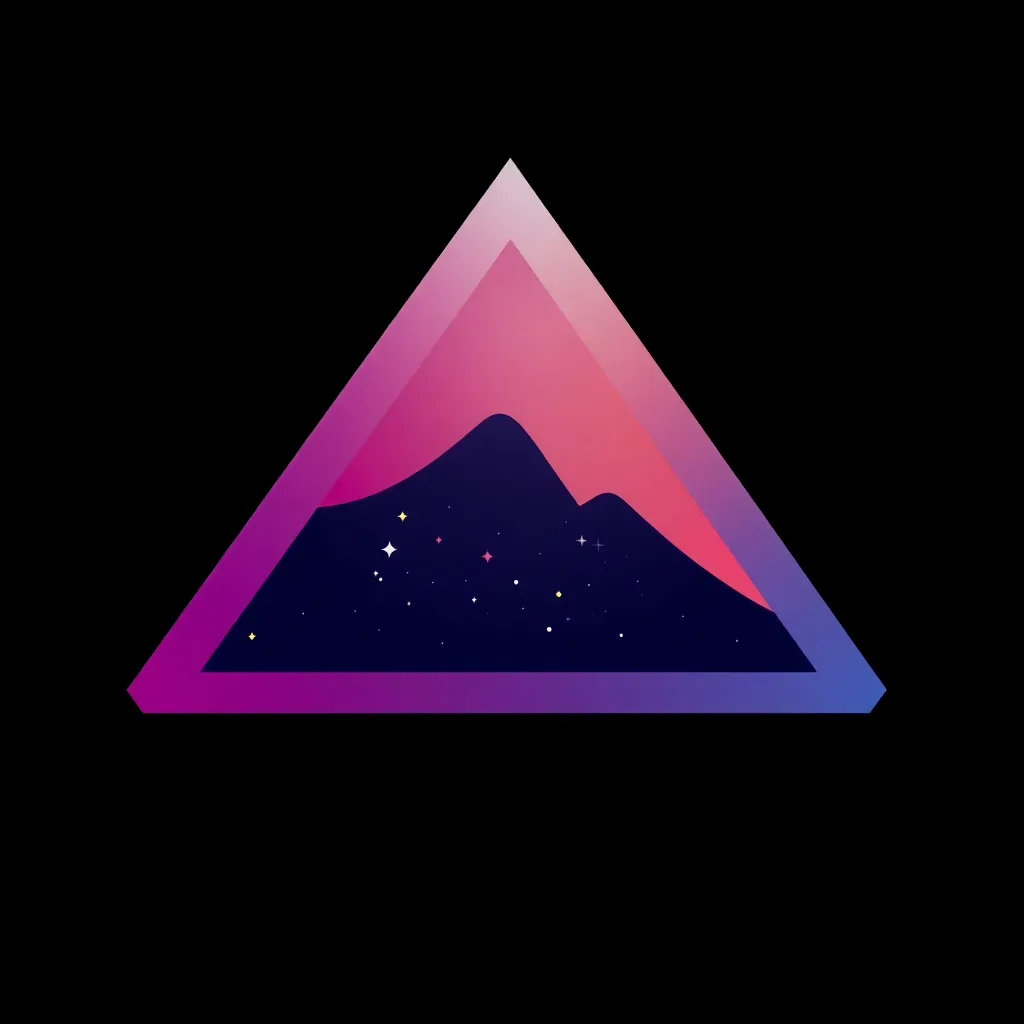 Triangle shaped logo with gradient colors from pink to blue with starry galaxy texture