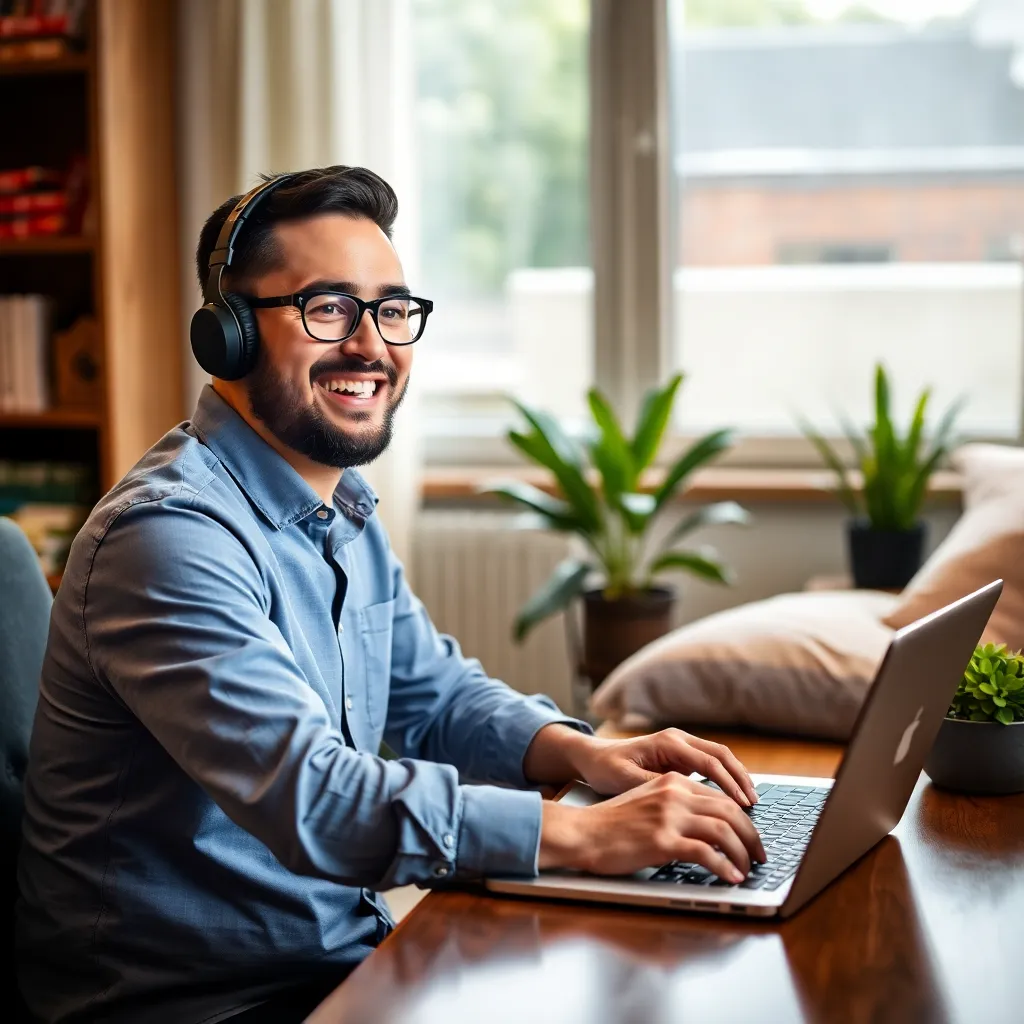 PakGames agent working on a laptop at home, smiling and managing referrals