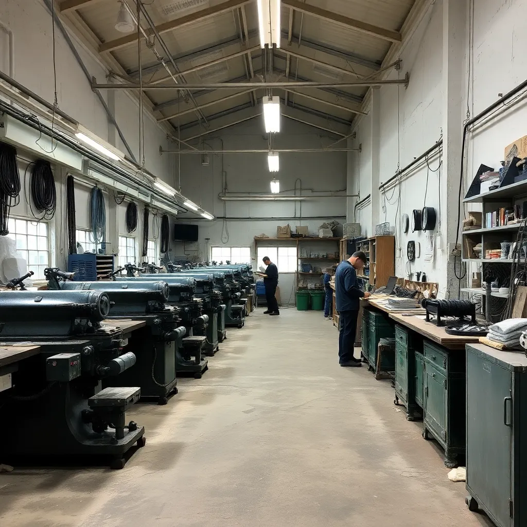 Workshop interior with machinery and workers