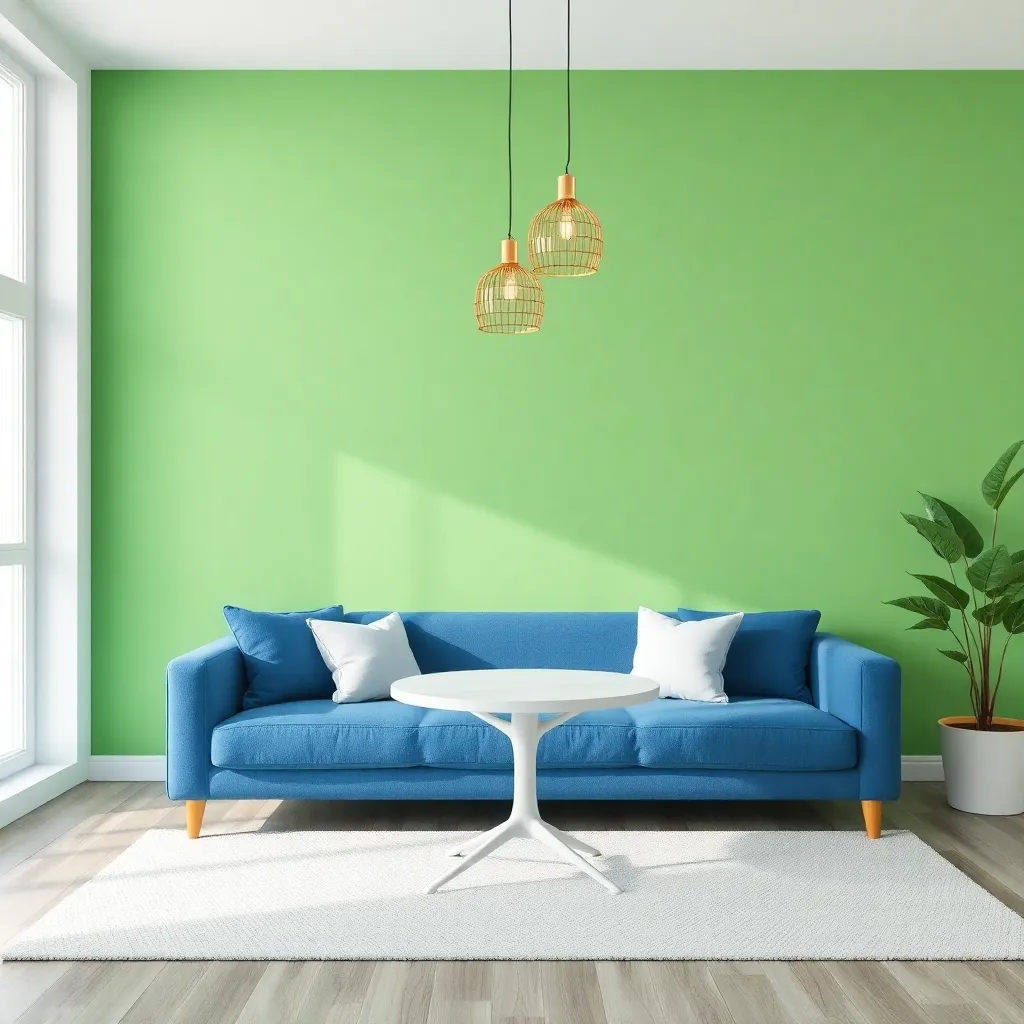 Living room with blue sofa, white round table, green wall, and hanging lamps