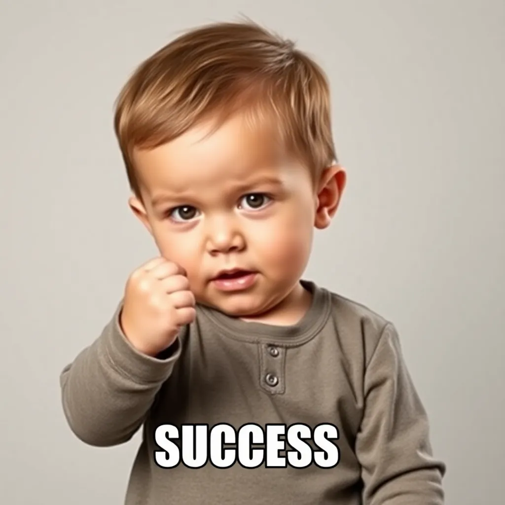 Success kid meme character, toddler with clenched fist and determined expression