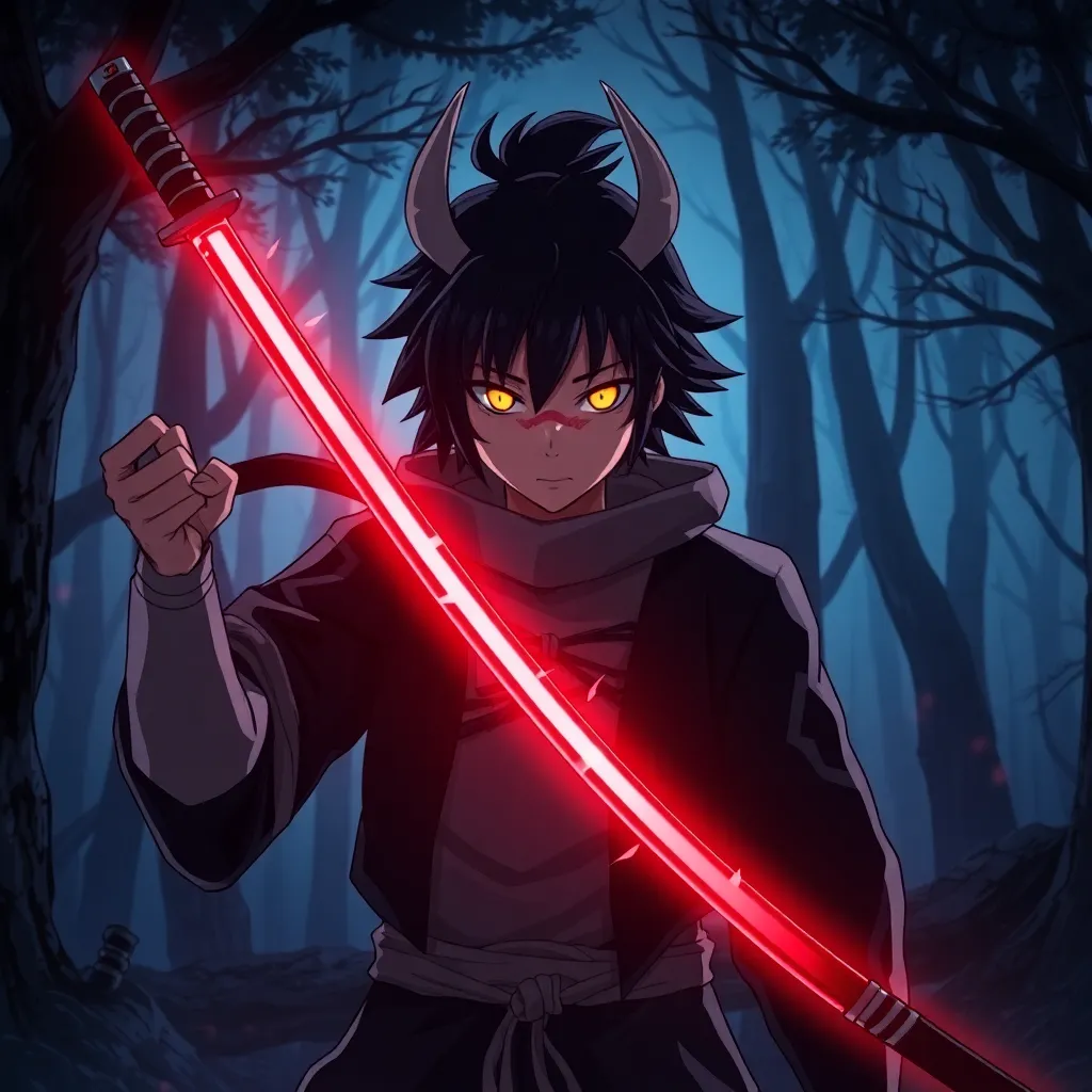 Demon Slayer anime character with glowing eyes and katana sword in a dark forest