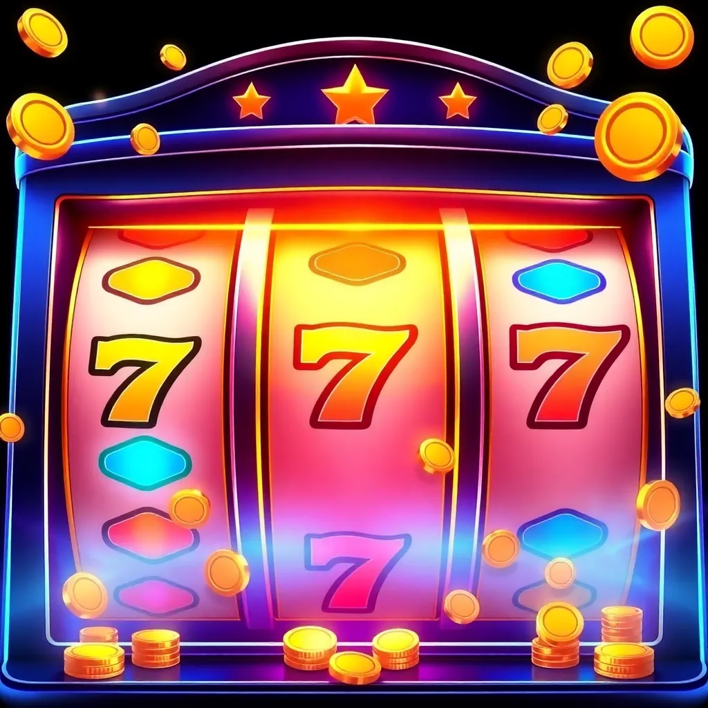 Colorful slot machine reels with jackpot symbols and coins